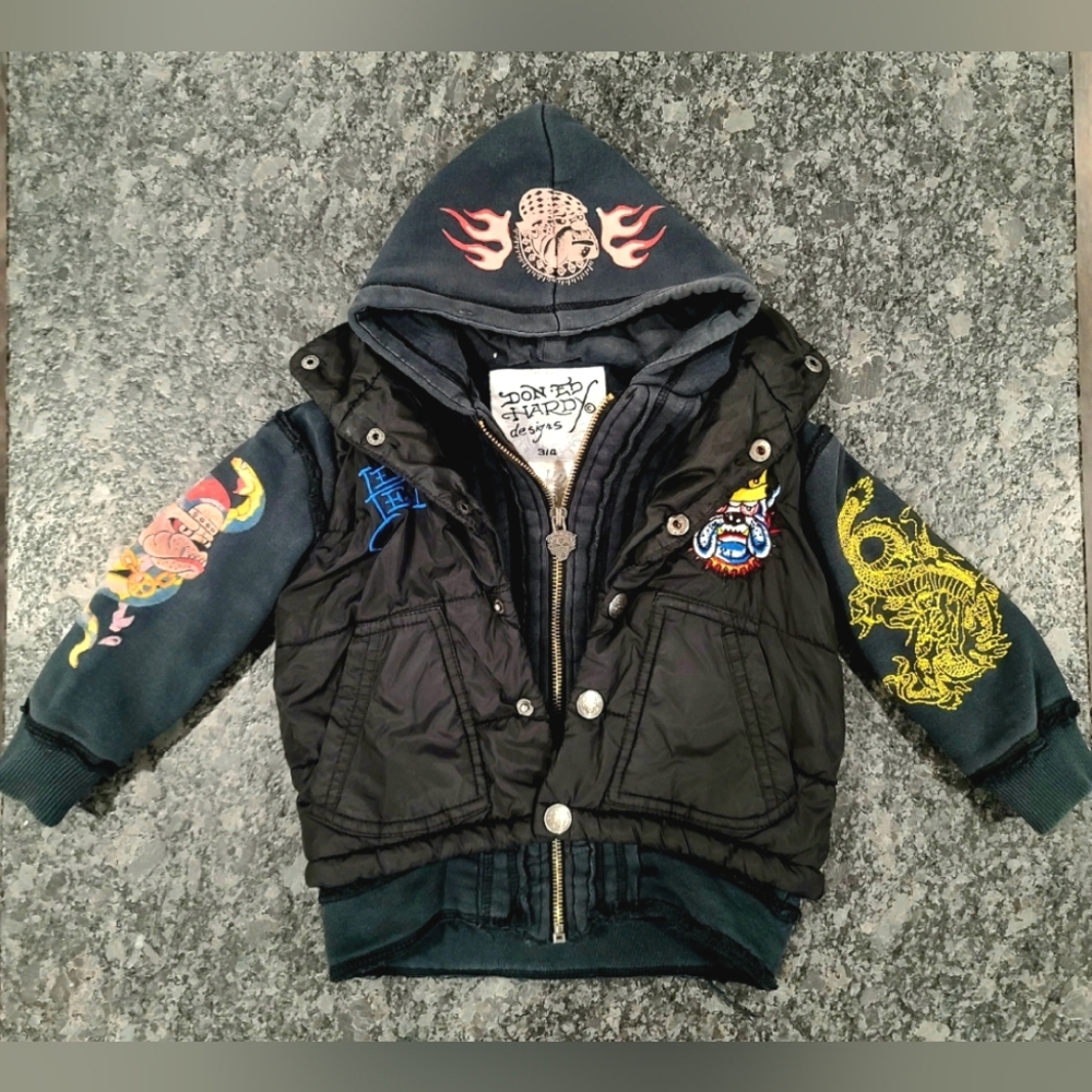 Ed Hardy Bulldog Embroidered Childs Jacket Size 3/4 Toddler